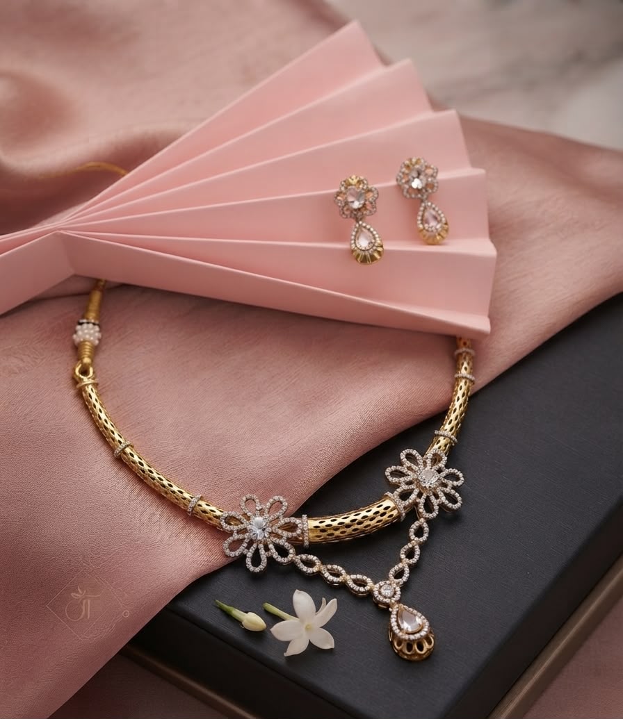 Elegant Floral CZ Necklace & Earrings Set – Gold-Plated Party Wear Jewelry