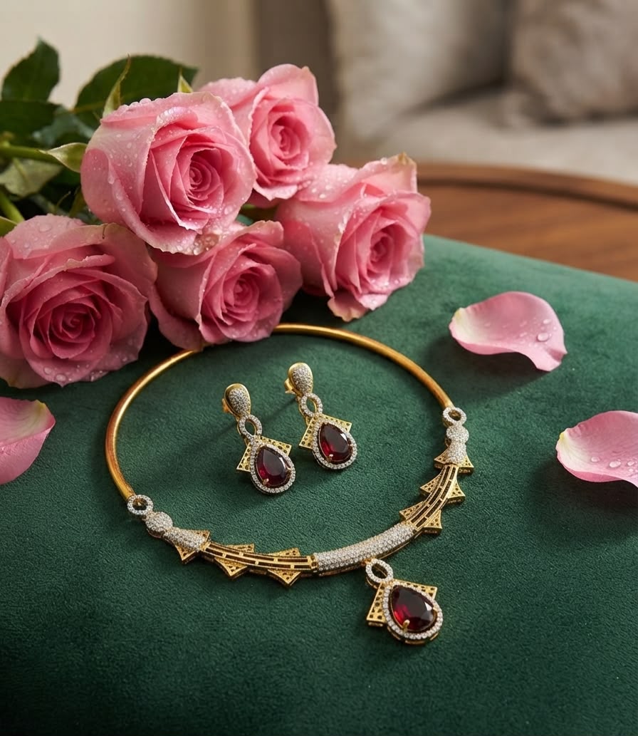 Exquisite Two-Tone Gold & Rhodium Plated Geometric Choker Set with Ruby Red Pear Gemstones & CZ Accents