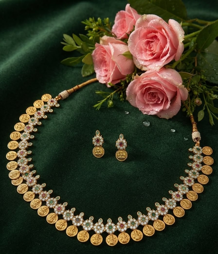 Traditional Matte Gold Plated Temple Kasu Mala Necklace Set