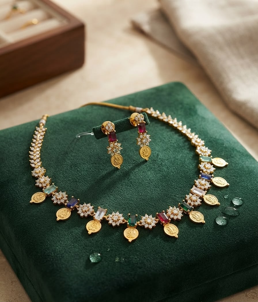 Vibrant Two-Tone Gold & Rhodium Plated Multi-Stone Coin Necklace Set with CZ Floral Accents