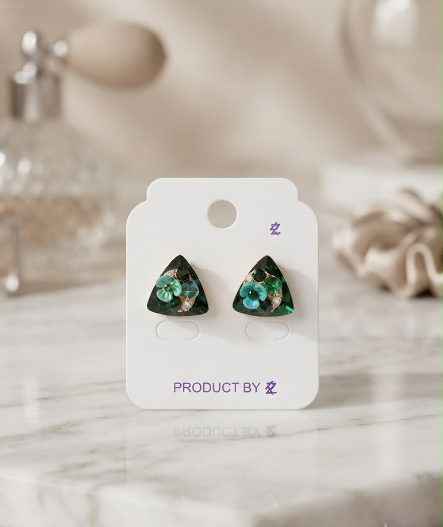 Artistic Gold-Plated Triangular Emerald Crystal Stud Earrings